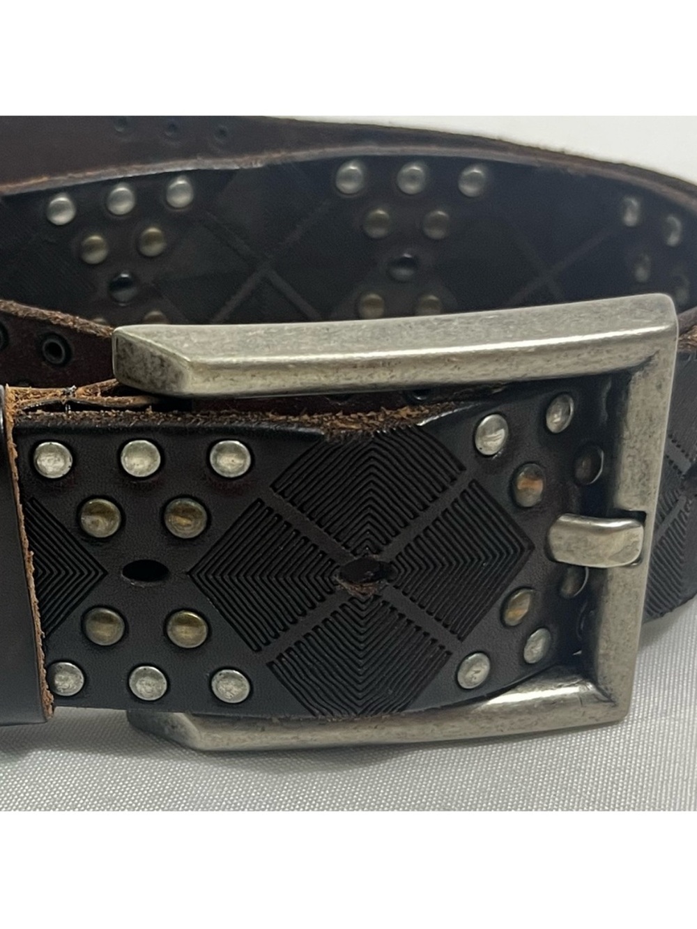 Brown Studded Leather Belt, Silver Buckle Size 36 Multi Tone Studs
